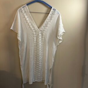 Kona Sol White Crochet Trim V Neck swim coTunic Cover Up Beach Dress Size S vaca